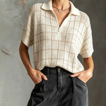 ElevenOra Chic Casual Off White Lapel-Collar Zipper-Up Grid Plaid Short-Sleeve Hollow-Out Loose-Fit Knit Sweater Top