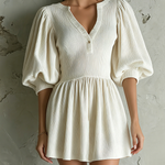 ElevenOra Chic Elegant White V-Neck Button Detail Balloon Sleeve Loose-Fit A-Line Ribbed Knit Mini Dress
