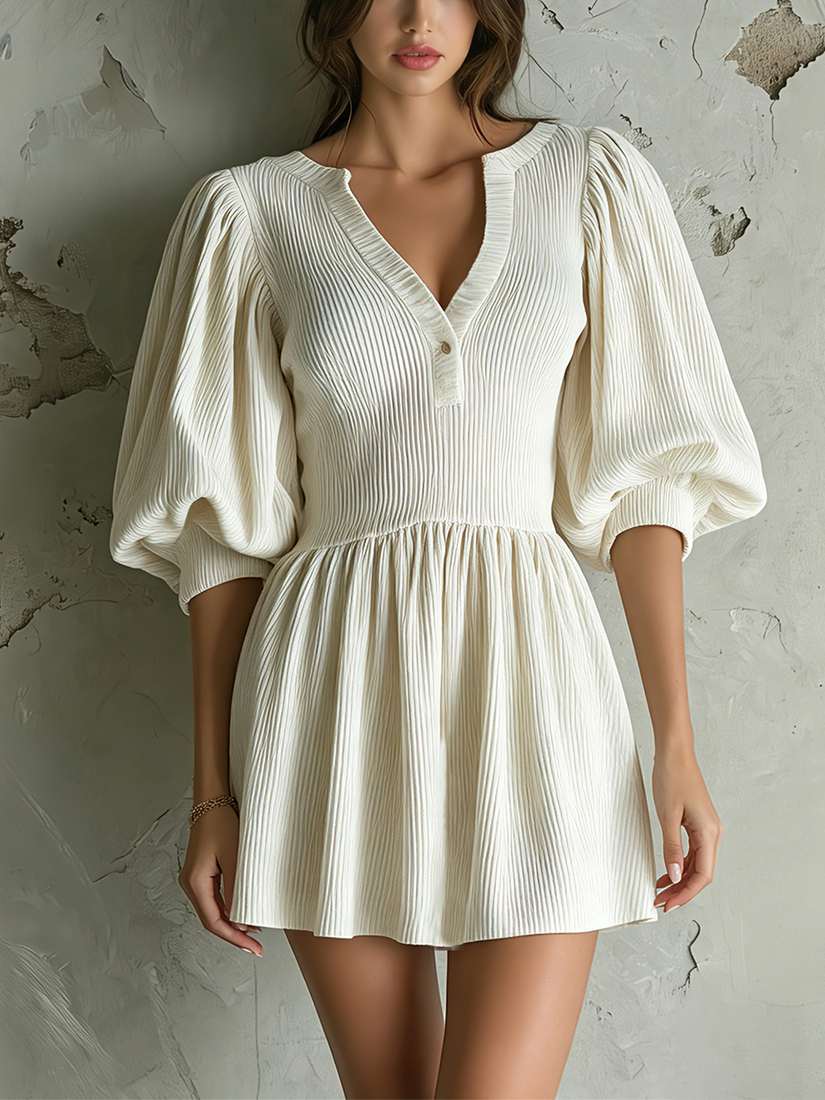 ElevenOra Chic Elegant White V-Neck Button Detail Balloon Sleeve Loose-Fit A-Line Ribbed Knit Mini Dress