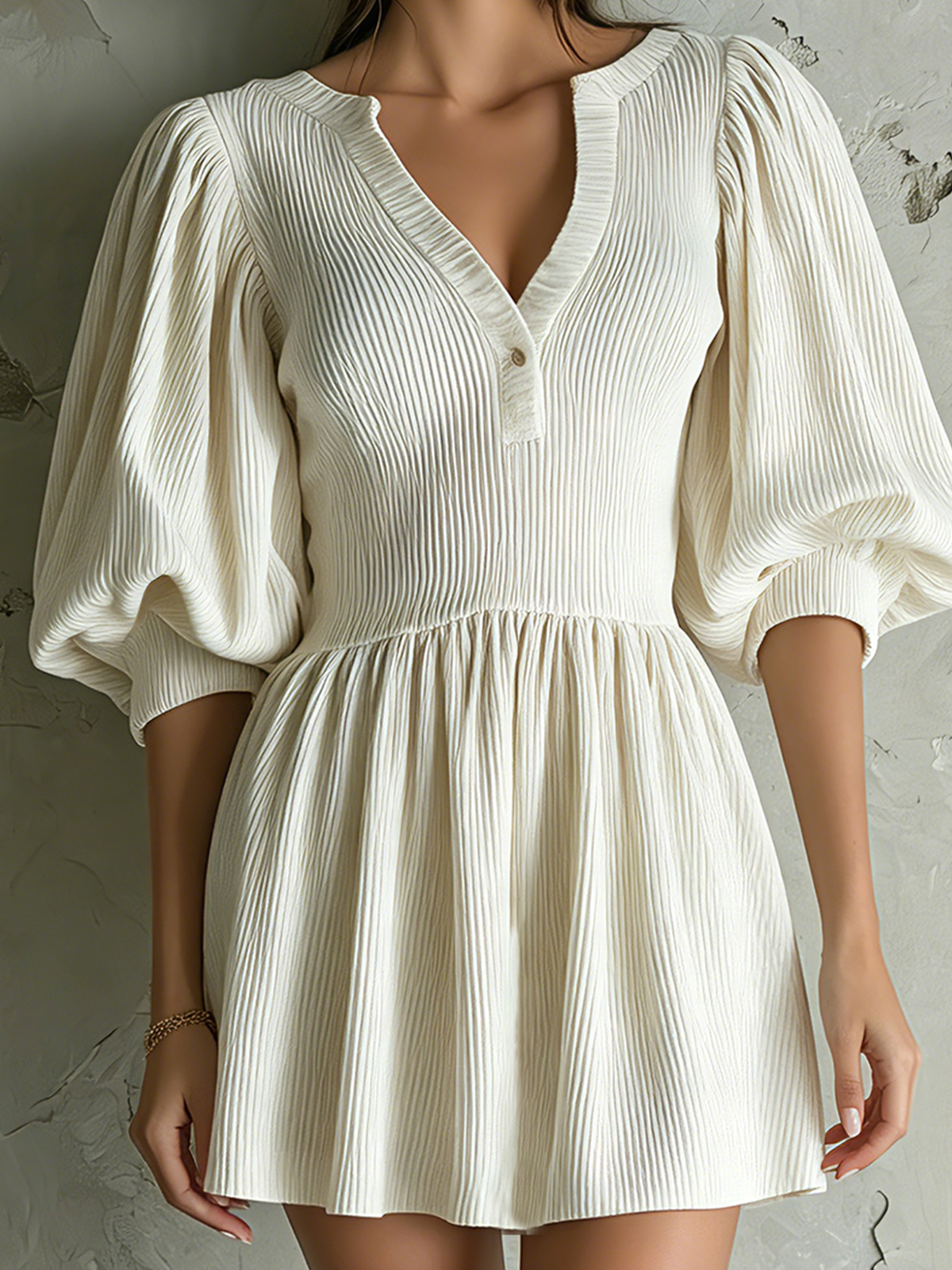 ElevenOra Chic Elegant White V-Neck Button Detail Balloon Sleeve Loose-Fit A-Line Ribbed Knit Mini Dress