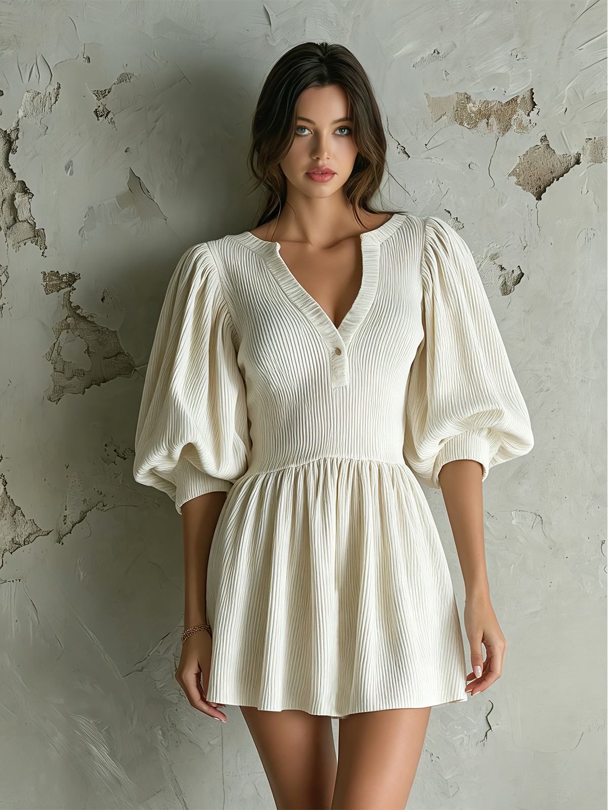 ElevenOra Chic Elegant White V-Neck Button Detail Balloon Sleeve Loose-Fit A-Line Ribbed Knit Mini Dress