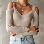 ElevenOra Chic Elegant Oatmeal-Colored V-Neck Cutout Detail Long-Sleeve Slim-Fit Ribbed Knit Sweater Top