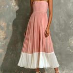 ElevenOra Chic Elegant Blush Pink-White Colorblock Spaghetti Straps  Square Neck Sleeveless Loose-Fit A-Line Pleated Chiffon Midi Dress