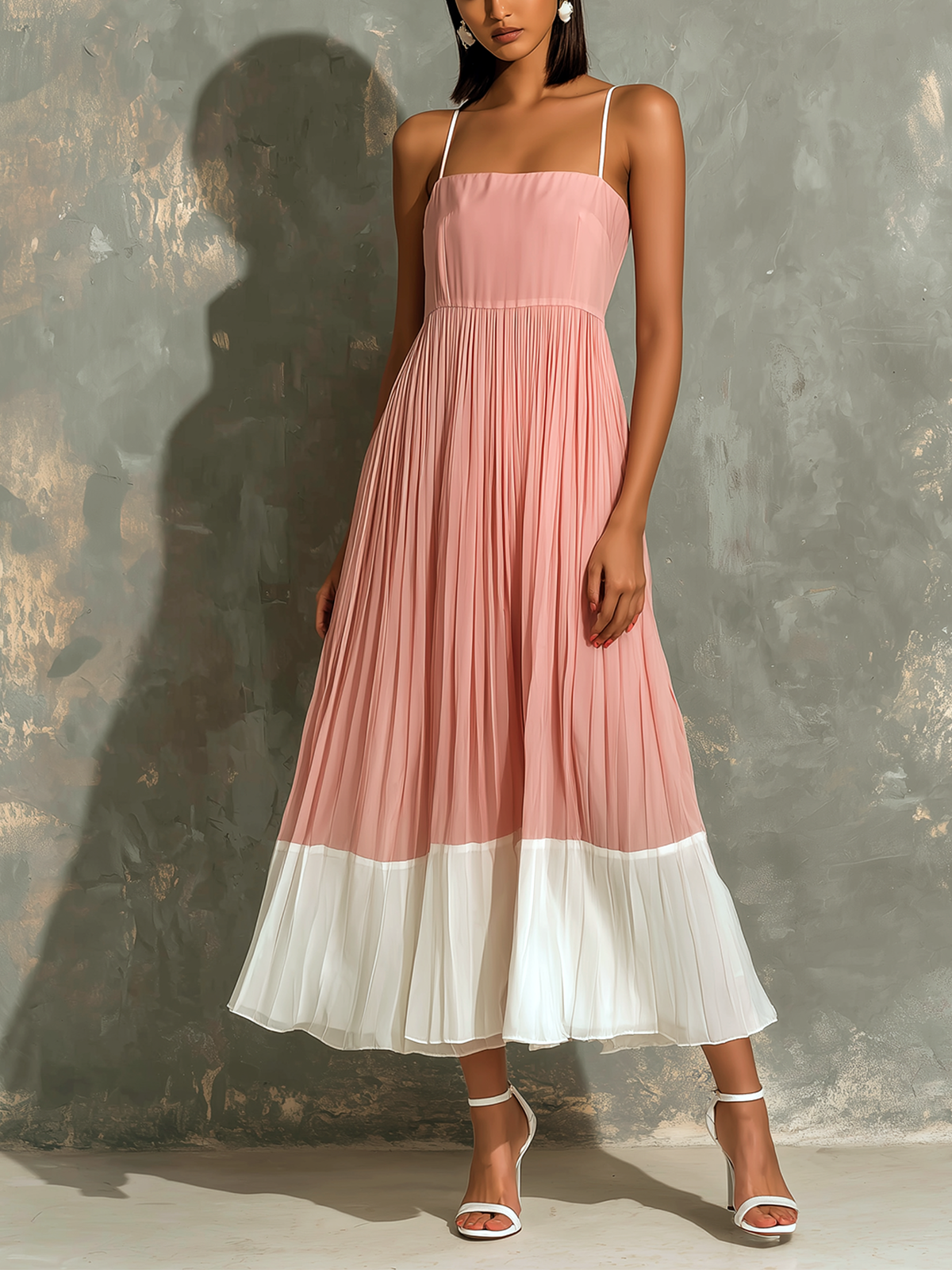 ElevenOra Chic Elegant Blush Pink-White Colorblock Spaghetti Straps  Square Neck Sleeveless Loose-Fit A-Line Pleated Chiffon Midi Dress
