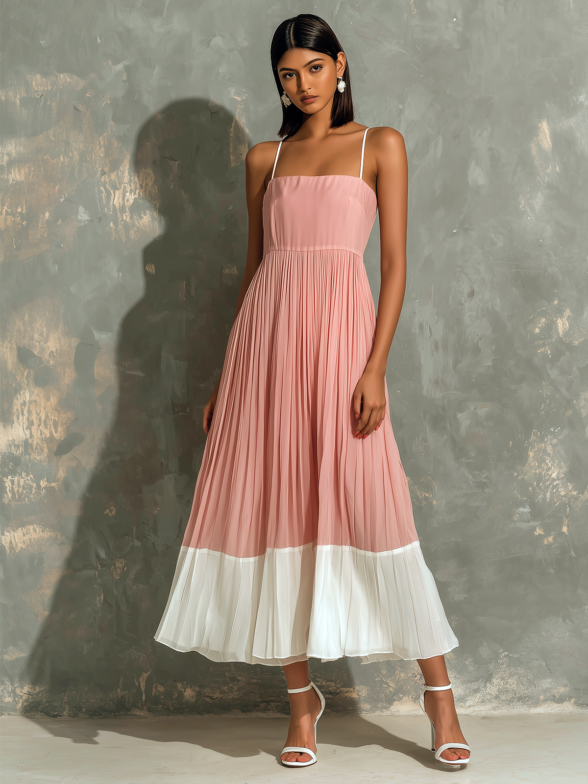 ElevenOra Chic Elegant Blush Pink-White Colorblock Spaghetti Straps  Square Neck Sleeveless Loose-Fit A-Line Pleated Chiffon Midi Dress