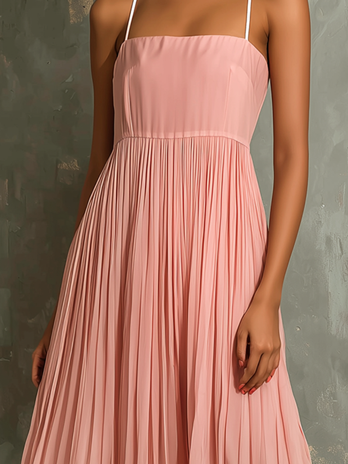 ElevenOra Chic Elegant Blush Pink-White Colorblock Spaghetti Straps  Square Neck Sleeveless Loose-Fit A-Line Pleated Chiffon Midi Dress
