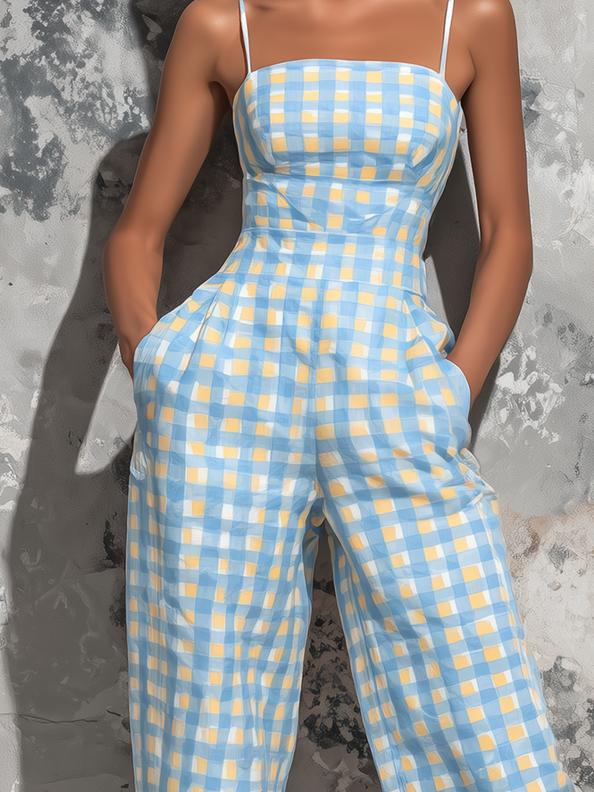 ElevenOra Chic Elegant Light Blue Gingham Check Cotton Blend Spaghetti Straps Square Neck Sleeveless Tailored-Waist Loose-Fit Wide-Leg Cropped Jumpsuit