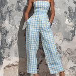 ElevenOra Chic Elegant Light Blue Gingham Check Cotton Blend Spaghetti Straps Square Neck Sleeveless Tailored-Waist Loose-Fit Wide-Leg Cropped Jumpsuit