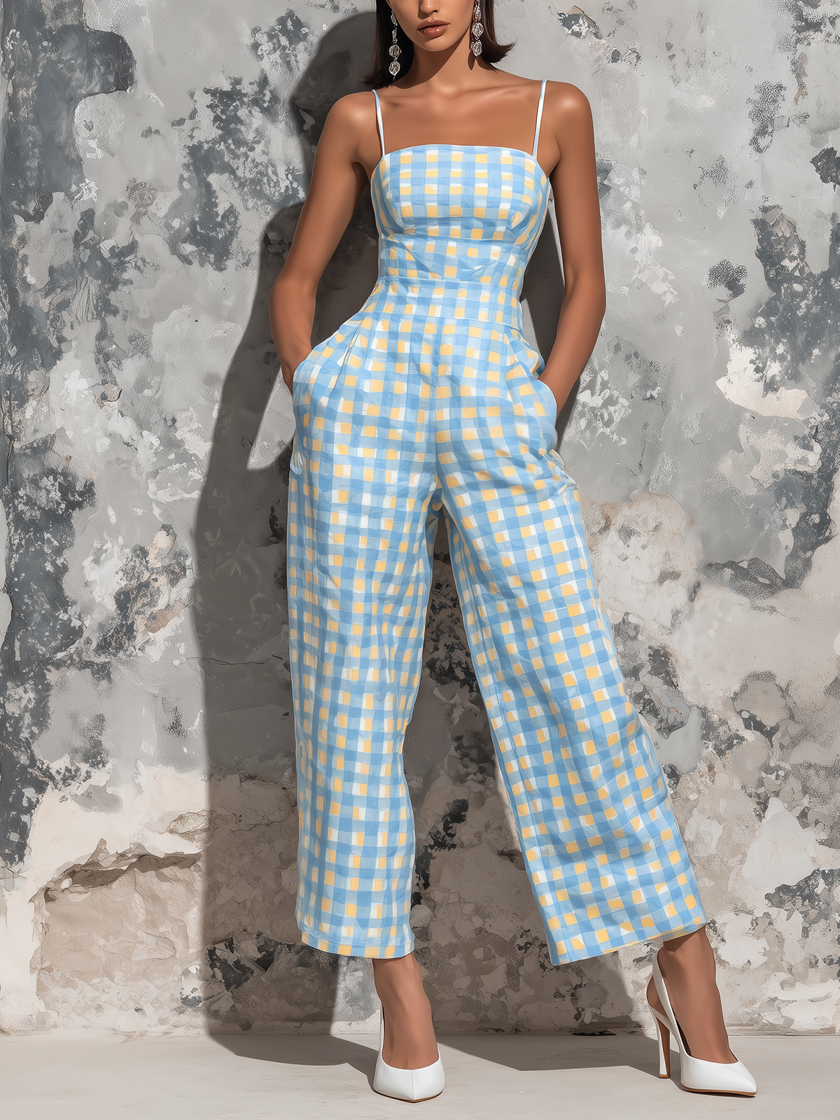 ElevenOra Chic Elegant Light Blue Gingham Check Cotton Blend Spaghetti Straps Square Neck Sleeveless Tailored-Waist Loose-Fit Wide-Leg Cropped Jumpsuit