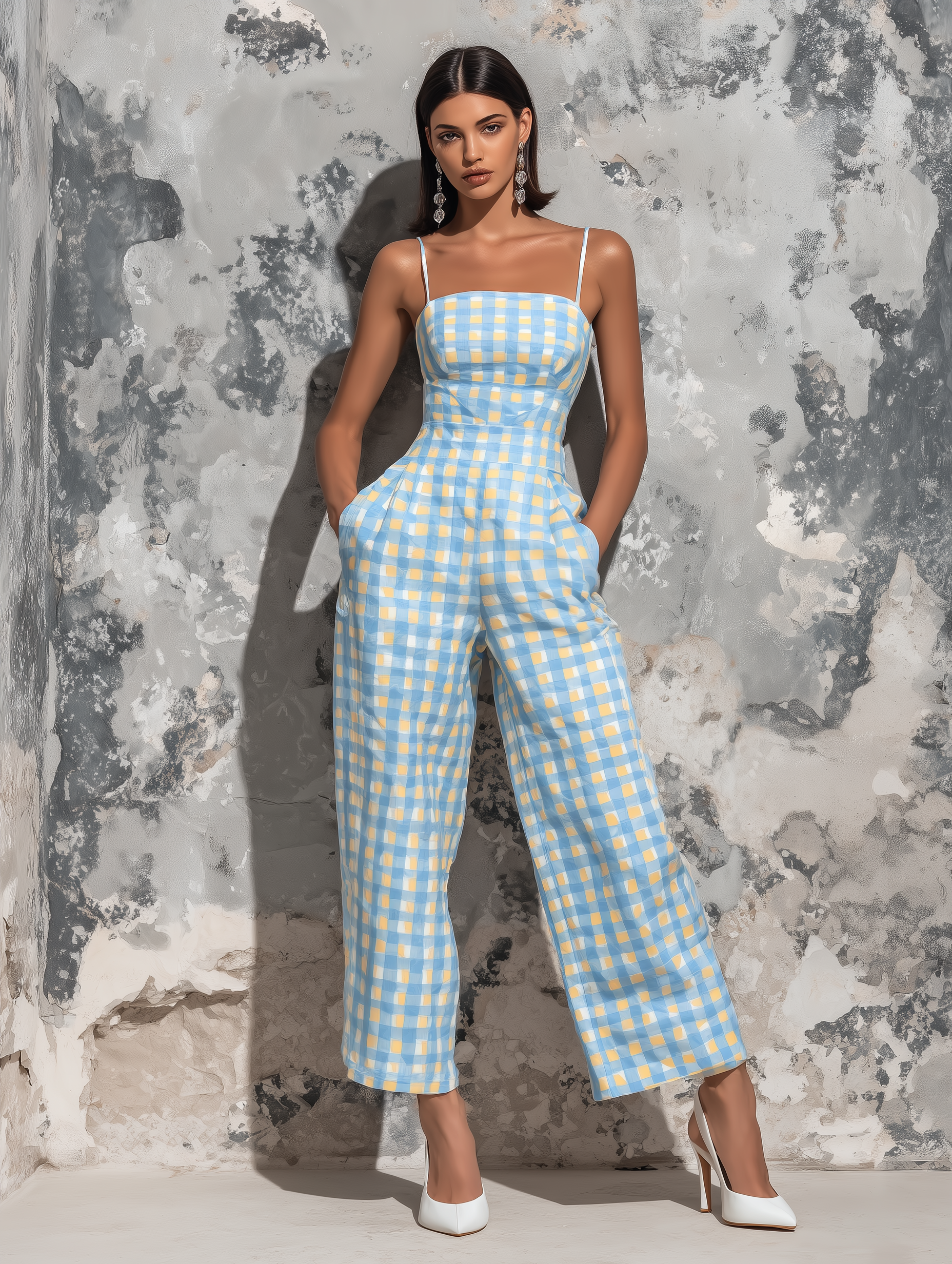 ElevenOra Chic Elegant Light Blue Gingham Check Cotton Blend Spaghetti Straps Square Neck Sleeveless Tailored-Waist Loose-Fit Wide-Leg Cropped Jumpsuit