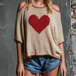 ElevenOra Chic Casual Beige Heart Jacquard Cold Shoulder Round-Neck Contrast Trim Short-Sleeve Loose-Fit Knit Sweater Top