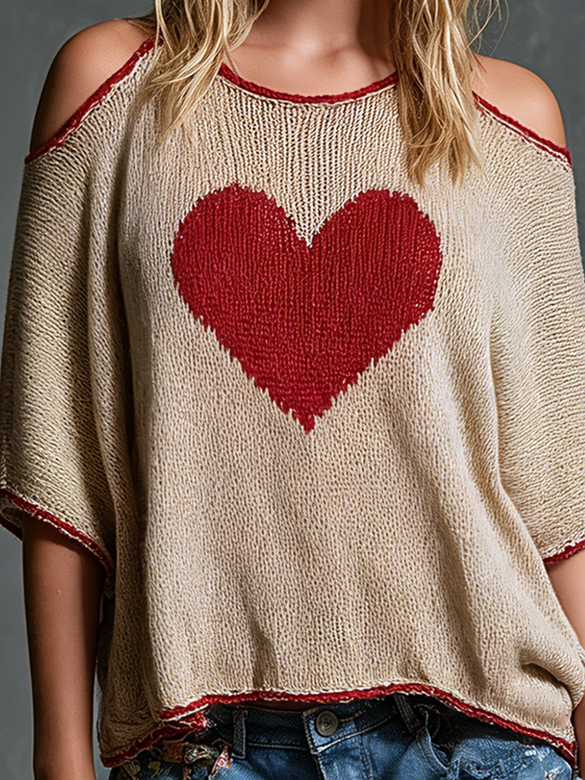 ElevenOra Chic Casual Beige Heart Jacquard Cold Shoulder Round-Neck Contrast Trim Short-Sleeve Loose-Fit Knit Sweater Top