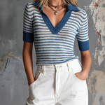ElevenOra Chic Casual Dusty Blue-White Stripes Lapel V-Neck Short-Sleeve Slim-Fit Knit Sweater Top