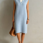ElevenOra Chic Elegant Blue-White Colorblock Faux Layer Detail Round-Neck Sleeveless Loose-Fit Ribbed Knit Midi Dress