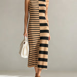 ElevenOra Chic Elegant Camel-Black Colorblock Stripes Round-Neck Sleeveless H-shaped Knit Midi Dress