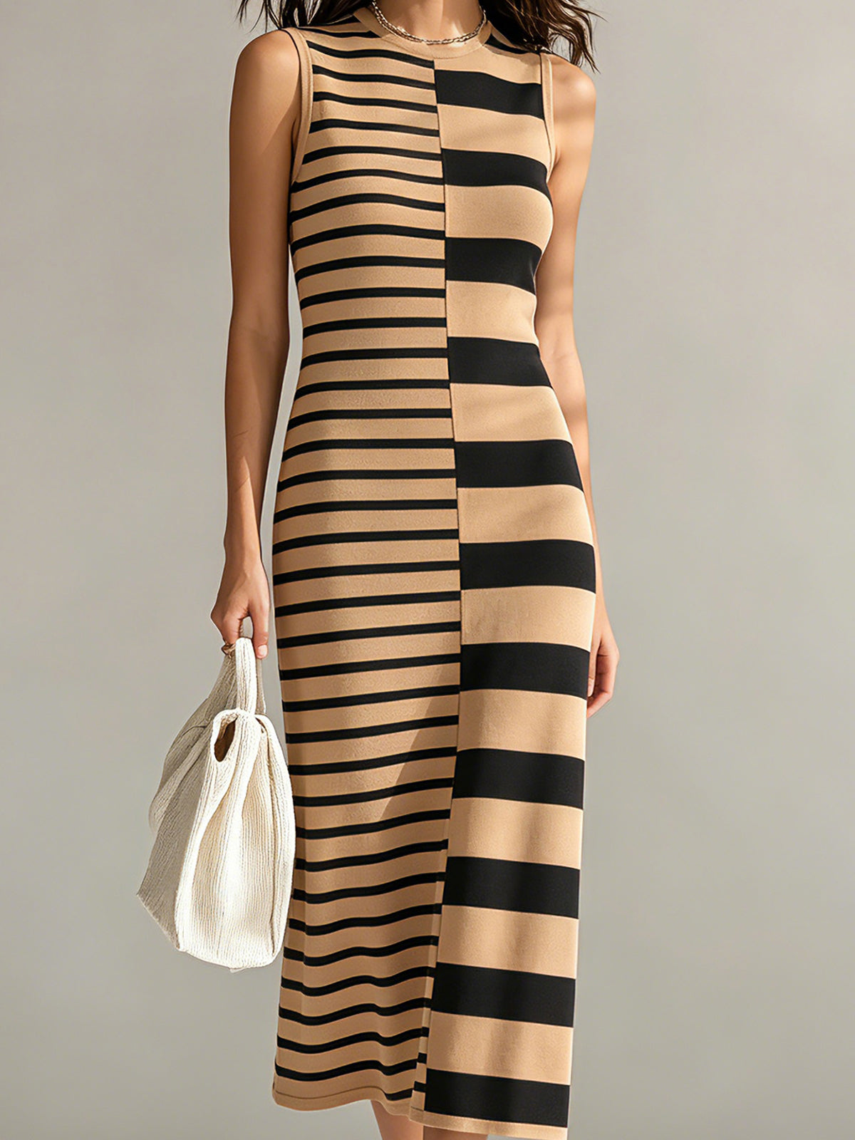 ElevenOra Chic Elegant Camel-Black Colorblock Stripes Round-Neck Sleeveless H-shaped Knit Midi Dress