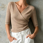 ElevenOra Chic Elegant Camel V-Neck Half-Sleeve Pleats Detail Button-Front Slim-Fit Ribbed Knit Sweater Top