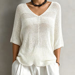 ElevenOra Chic Elegant Cream White V-Neck Half-Sleeve Patchwork Detail Loose-Fit Mesh Knit Sweater Top