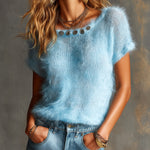 ElevenOra Chic Elegant Blue Round-Neck Short-Sleeve Button-Detail Loose-Fit Soft Mohair Blend Knit Sweater Top