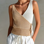 ElevenOra Chic Elegant Camel-White Colorblock V-Neck Sleeveless Slim-Fit Tie-Waist Knit Vest Top