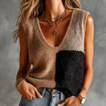 ElevenOra Chic Elegant Camel-Black Colorblock V-Neck Sleeveless Loose-Fit Fuzzy Knit Vest Top