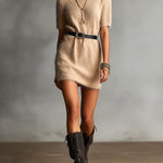 ElevenOra Chic Elegant Camel Round-Neck Short-Sleeve PU Belted Loose-Fit H-Shaped Fuzzy Knit Mini Dress