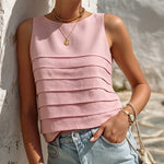 ElevenOra Chic Elegant Pink Cotton-Linen Blend Round-Neck Sleeveless Regular-Fit Patchwork Detail Vest Top