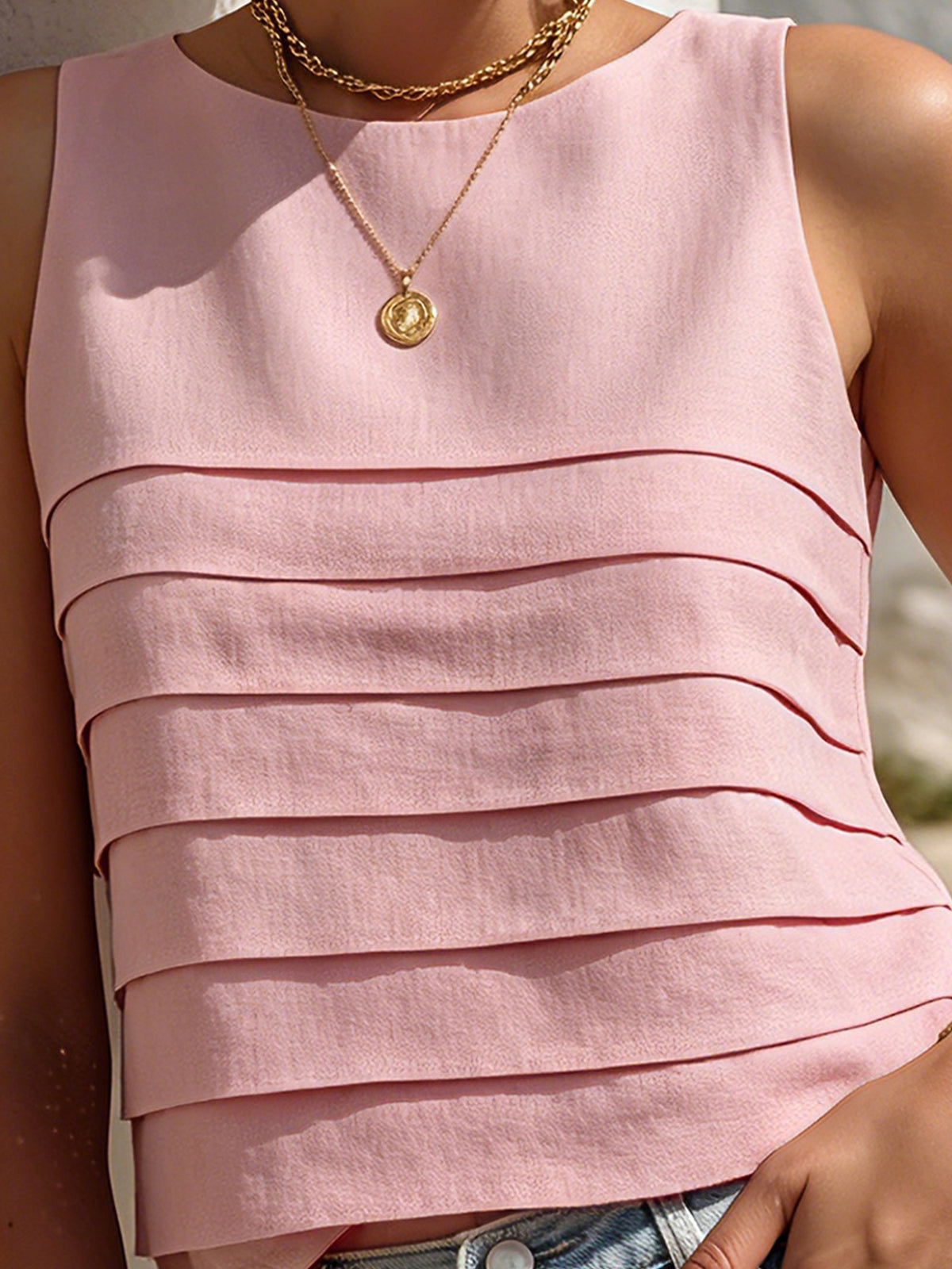 ElevenOra Chic Elegant Pink Cotton-Linen Blend Round-Neck Sleeveless Regular-Fit Patchwork Detail Vest Top