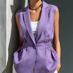 ElevenOra Chic Elegant Purple Cotton-Linen Blend Notched-Collar Sleeveless Single-Breasted Elastic-Waist Loose-Fit Vest