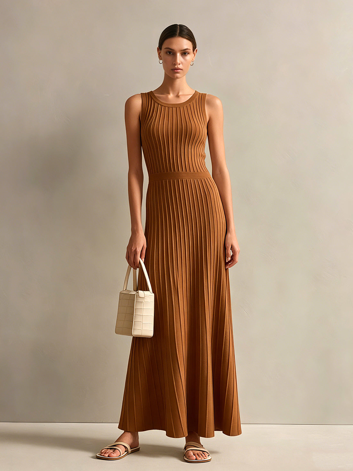 ElevenOra Chic Elegant Caramel Brown Stripes Round-Neck Sleeveless Tailored-Waist A-Line Knit Maxi Dress