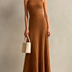 ElevenOra Chic Elegant Caramel Brown Stripes Round-Neck Sleeveless Tailored-Waist A-Line Knit Maxi Dress