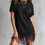 ElevenOra Chic Elegant Black Round-Neck Short-Sleeve Fringe Detail Loose-Fit Knit Mini Dress