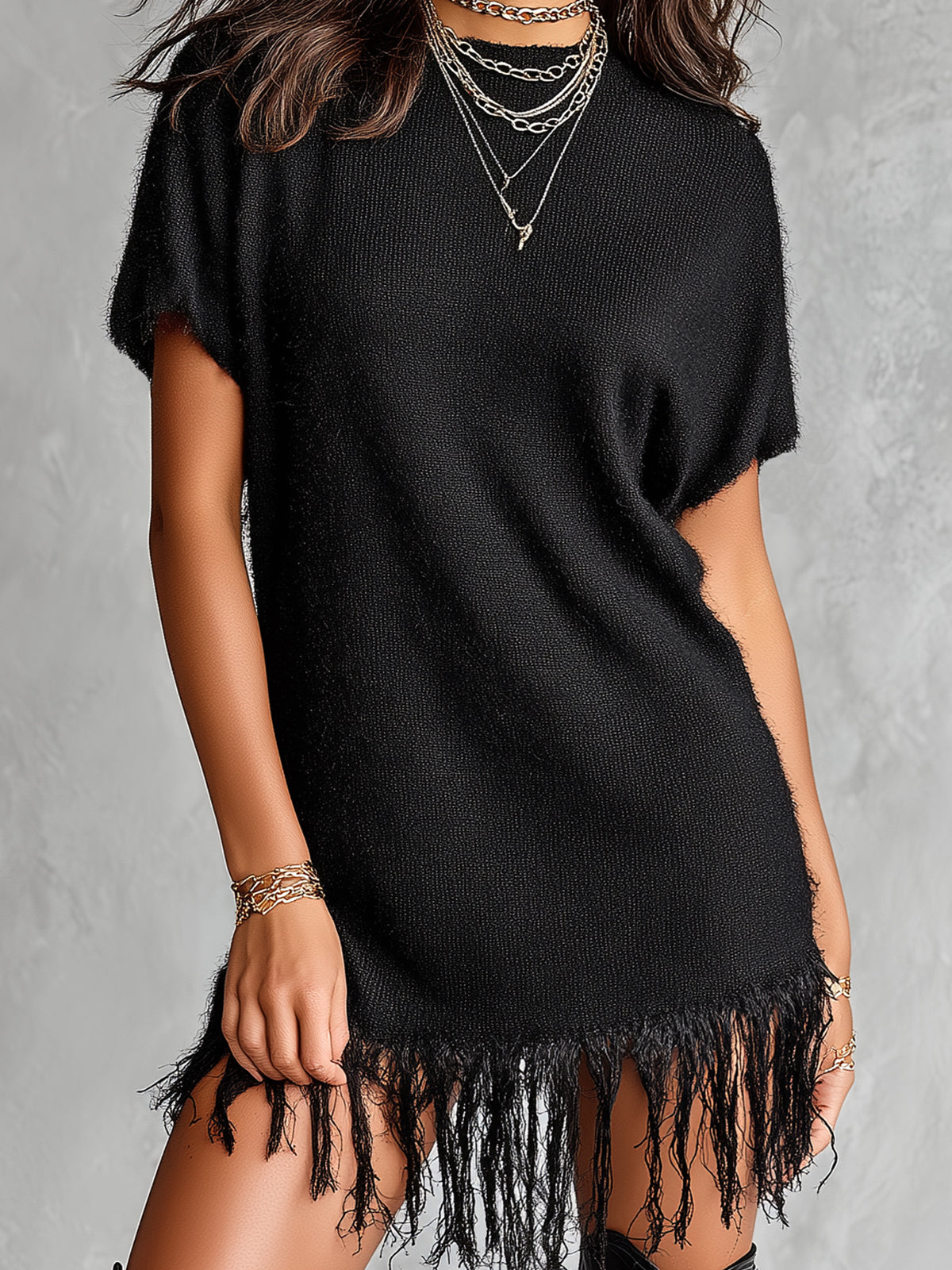 ElevenOra Chic Elegant Black Round-Neck Short-Sleeve Fringe Detail Loose-Fit Knit Mini Dress