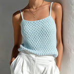 ElevenOra Chic Elegant Light Blue Spaghetti Straps Square-Neck Sleeveless Loose-Fit Textured Knit Camisole