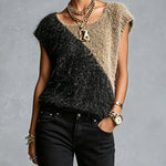 ElevenOra Chic Elegant Black-Camel Colorblock Square-Neck Cap Sleeve Loose-Fit Fuzzy Knit Vest Top