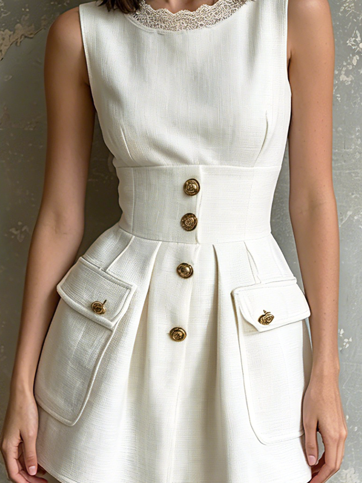 ElevenOra Chic Elegant White Round-Neck Lace Trim Sleeveless Gold Button-Up Patch Pockets High Waist A-Line Woven Fabric Mini Dress