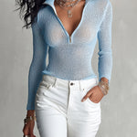 ElevenOra Chic Elegant Blue Zipper-Up Lapel Collar Long-Sleeve Slim-Fit Mesh Knit Sweater Top