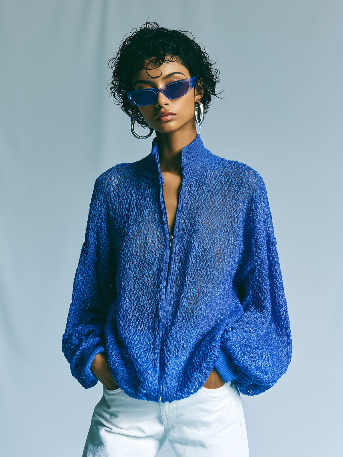 ElevenOra Chic Elegant Royal Blue Stand Collar Long-Sleeve Zipper-Front Loose-Fit Mesh Knit Cardigan