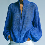 ElevenOra Chic Elegant Royal Blue Stand Collar Long-Sleeve Zipper-Front Loose-Fit Mesh Knit Cardigan