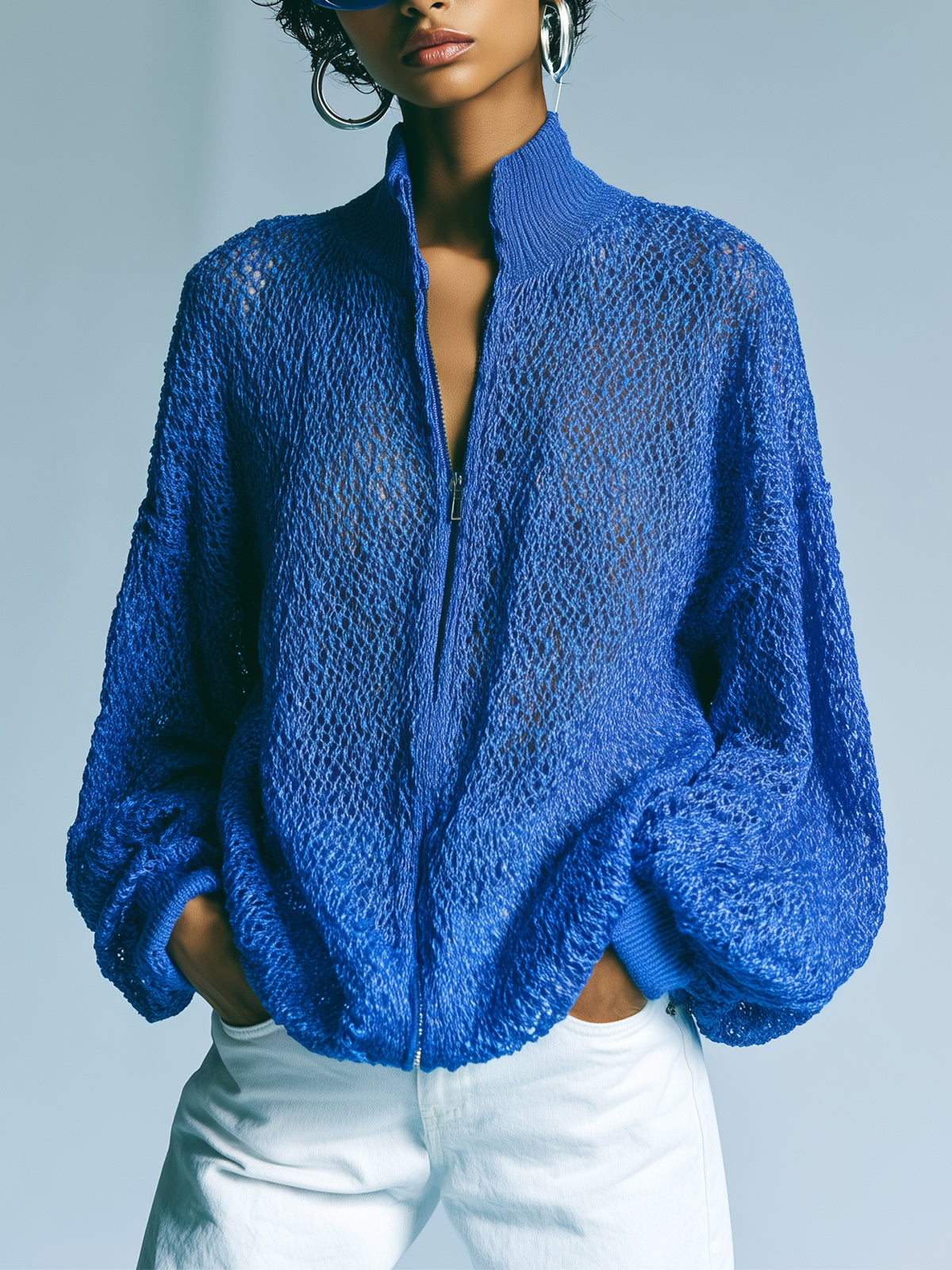 ElevenOra Chic Elegant Royal Blue Stand Collar Long-Sleeve Zipper-Front Loose-Fit Mesh Knit Cardigan