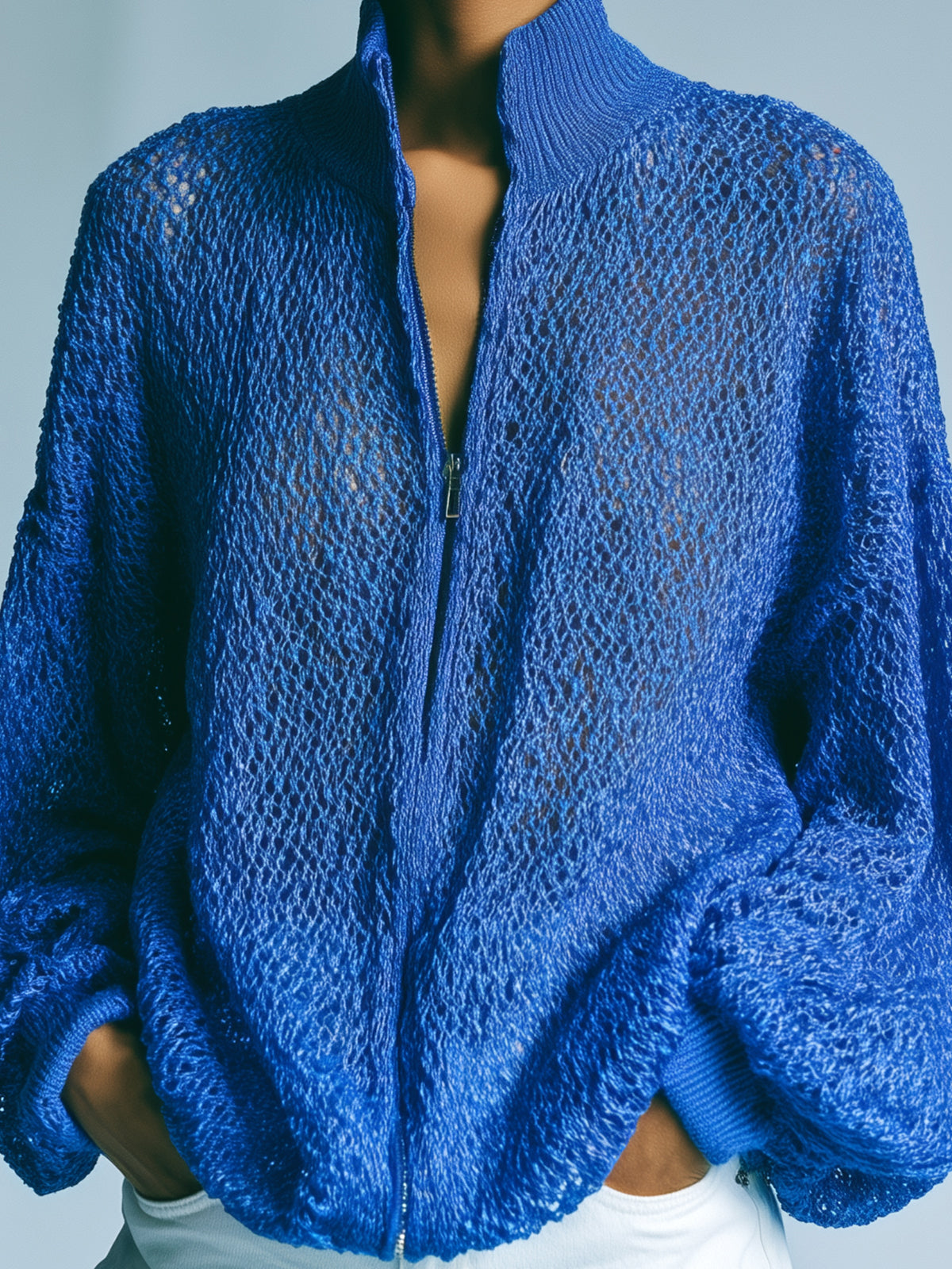 ElevenOra Chic Elegant Royal Blue Stand Collar Long-Sleeve Zipper-Front Loose-Fit Mesh Knit Cardigan