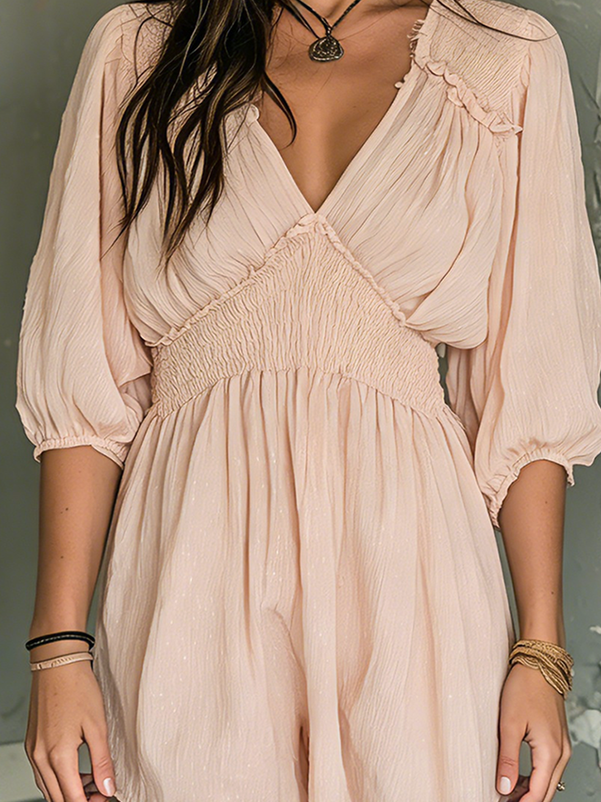 ElevenOra Chic Elegant Dusty Pink V-Neck Ruffle Detail Half Sleeve Smocked Waist A-Line Crinkle Chiffon Mini Dress