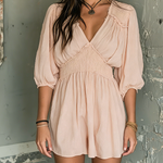 ElevenOra Chic Elegant Dusty Pink V-Neck Ruffle Detail Half Sleeve Smocked Waist A-Line Crinkle Chiffon Mini Dress