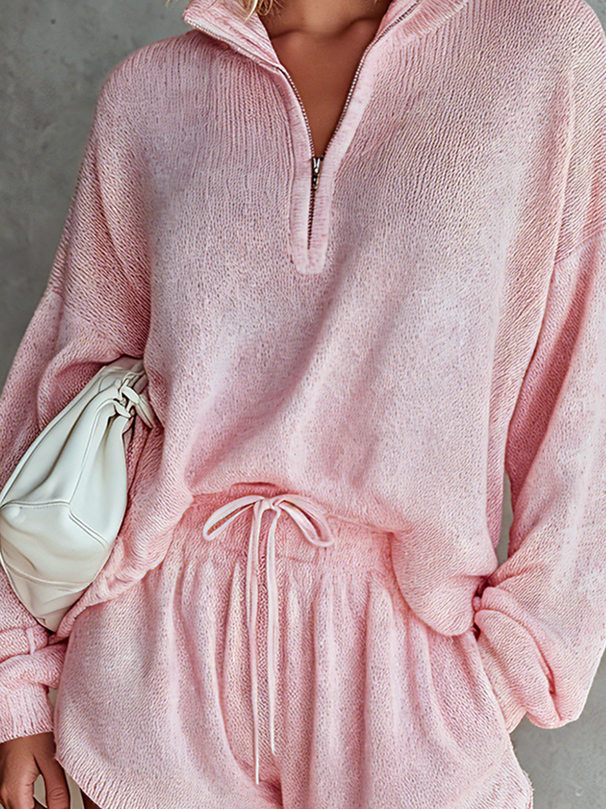 ElevenOra Chic Elegant Pink Stand Collar Zipper-Up Long Sleeve Loose-Fit Knit Sweater Top Drawstring-Waist Shorts Two-Piece Set