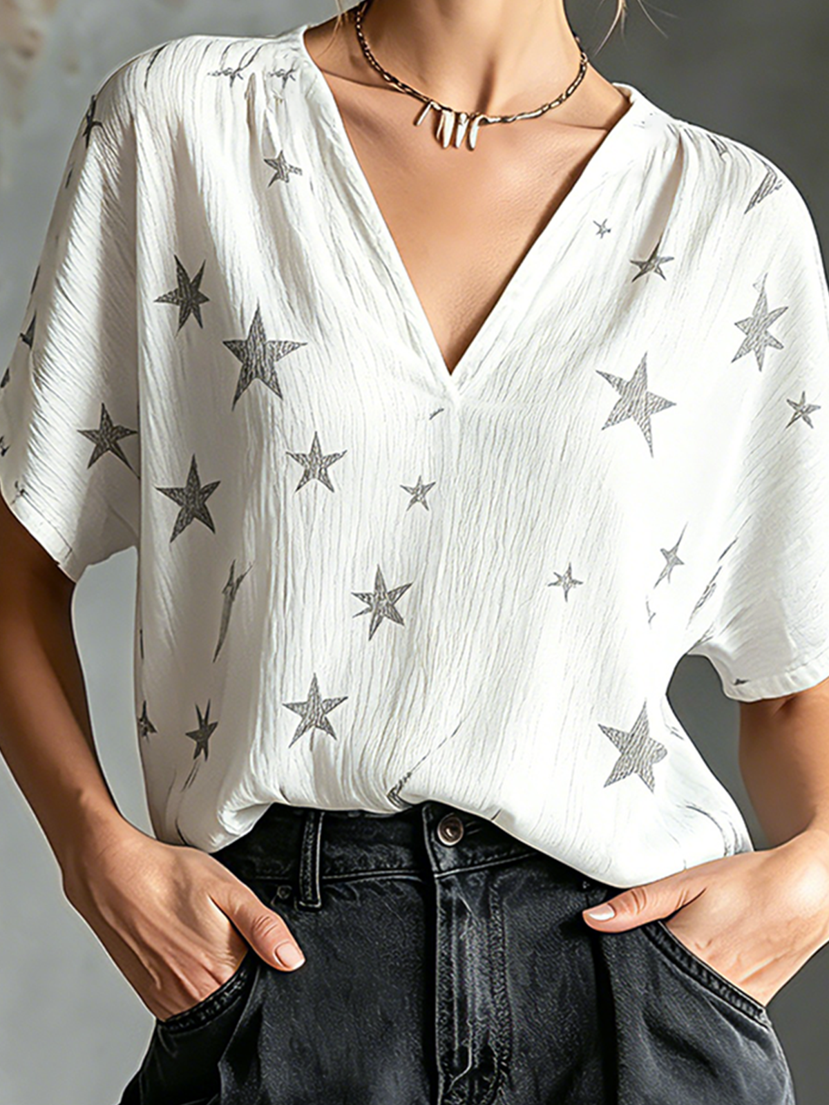 ElevenOra Chic Elegant White Crinkle Woven Fabric Charcoal Gray Star Print V-Neck Short-Sleeve Loose-Fit Shirt Top