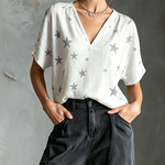 ElevenOra Chic Elegant White Crinkle Woven Fabric Charcoal Gray Star Print V-Neck Short-Sleeve Loose-Fit Shirt Top
