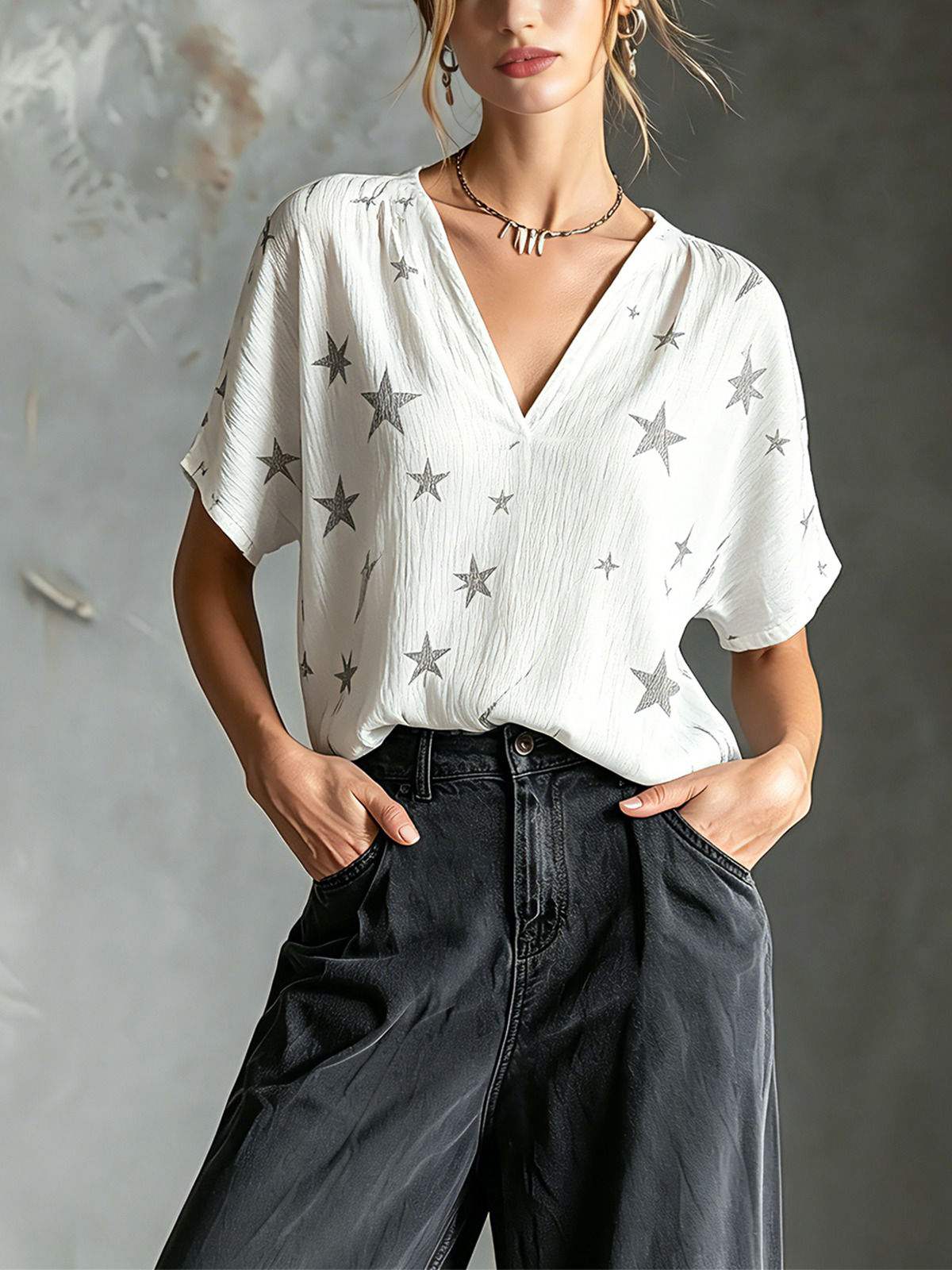 ElevenOra Chic Elegant White Crinkle Woven Fabric Charcoal Gray Star Print V-Neck Short-Sleeve Loose-Fit Shirt Top