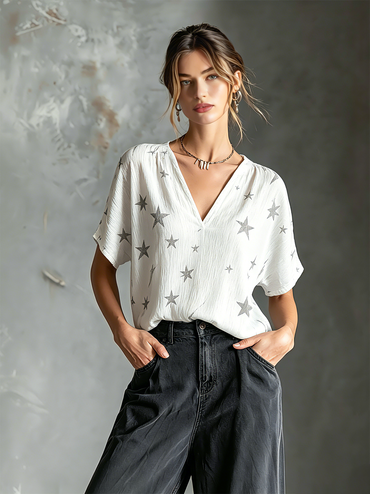 ElevenOra Chic Elegant White Crinkle Woven Fabric Charcoal Gray Star Print V-Neck Short-Sleeve Loose-Fit Shirt Top
