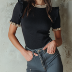 ElevenOra Chic Casual Black Round-Neck Contrast Ruffle Trim Short-Sleeve Slim-Fit Ribbed Knit Sweater Top