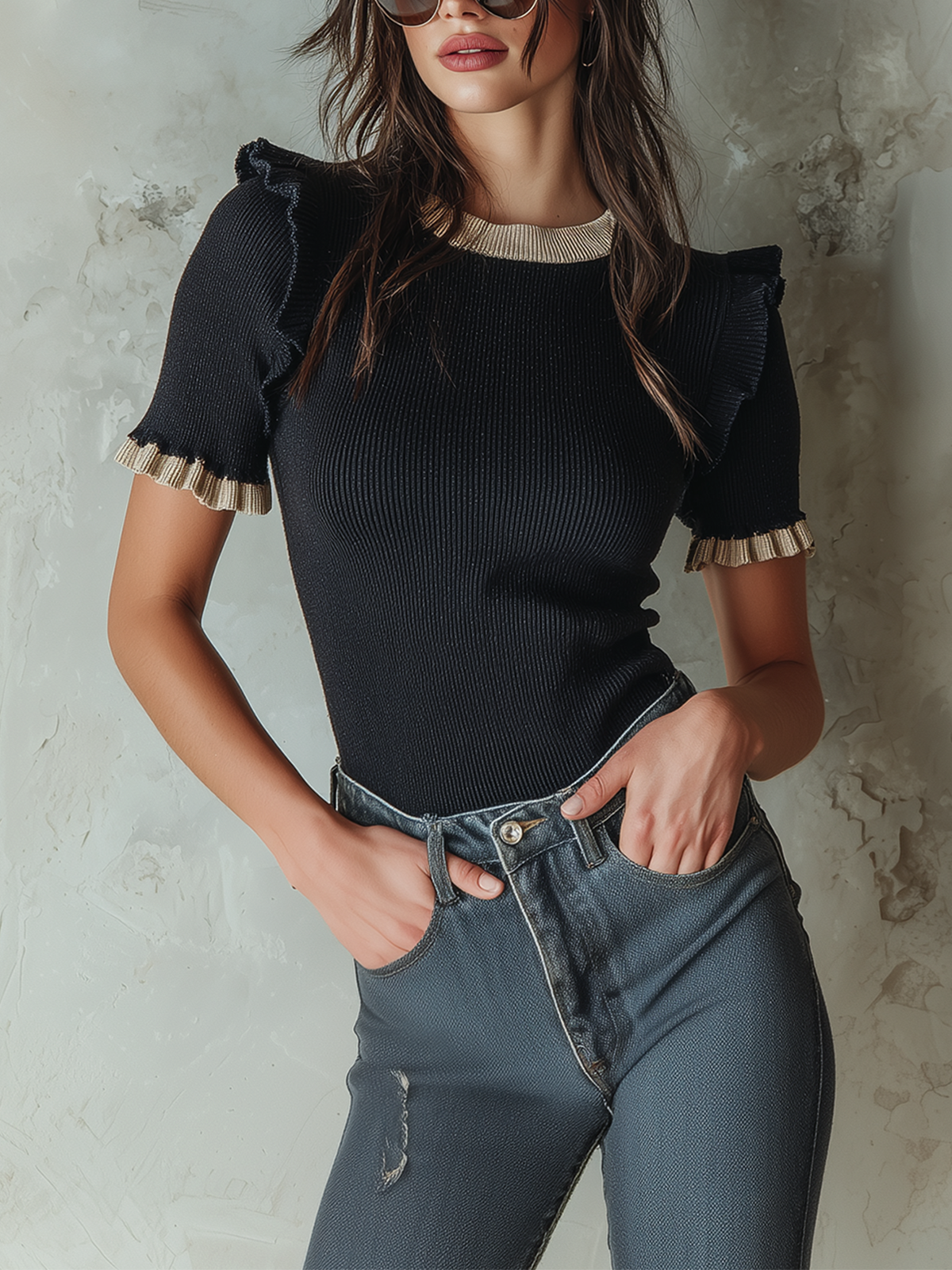 ElevenOra Chic Casual Black Round-Neck Contrast Ruffle Trim Short-Sleeve Slim-Fit Ribbed Knit Sweater Top